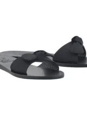 Womens Ancient Greek Sandals Black Satin Flat Bow Tie Alki Sandals 40 US/10
